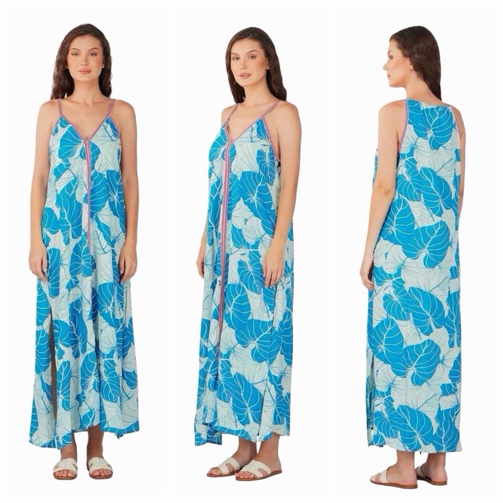 America & Beyond Palm Print Dress Sz Small Embroidered Trim Resortwear Coverup